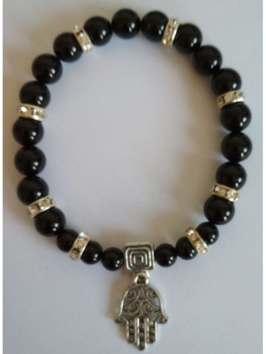 Schwarzes Turmalin-Mineral-Armband mit Hand der Fatima, Schutz