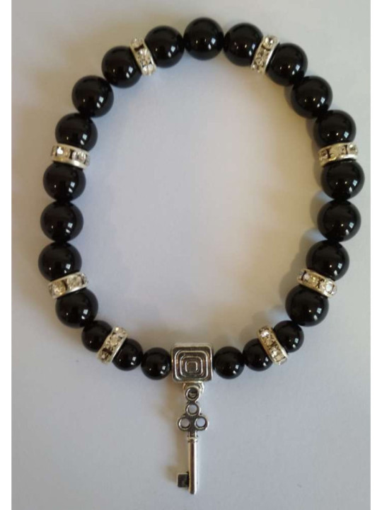 Schwarzes Turmalin-Mineral-Armband mit Straßenöffner-Schlüssel