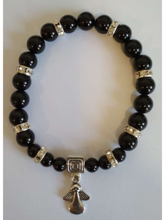 Schwarzes Turmalin-Mineral-Armband mit Engel