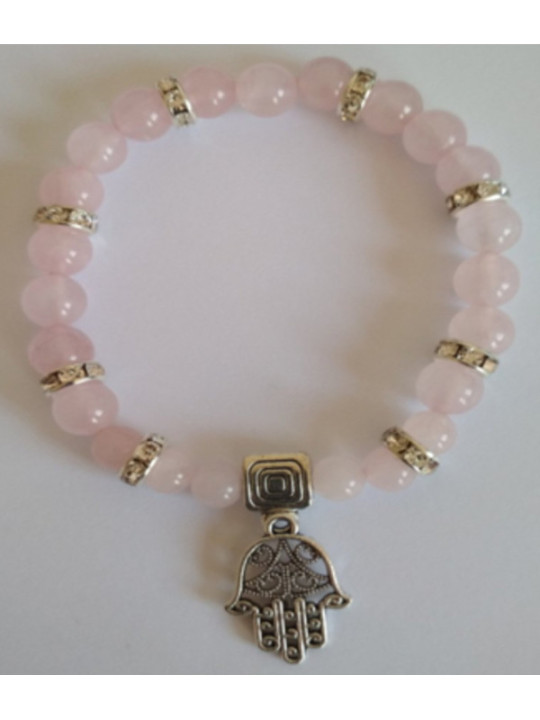Rosenquarz-Mineral-Armband mit Hand der Fatima, Schutz