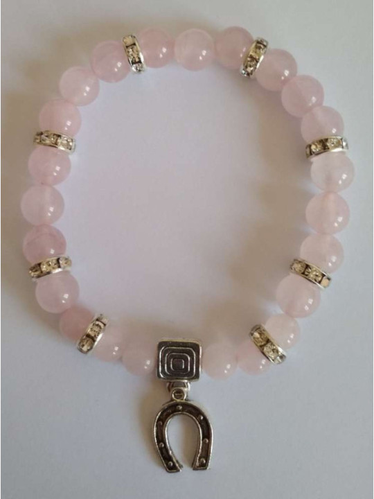 Rosenquarz-Mineralienarmband mit Hufeisen, Glücklich in der Liebe