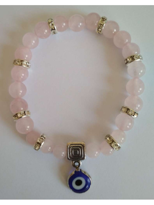 Rosenquarz-Mineralienarmband mit Türkischem Auge, Gegen Neid in der Liebe