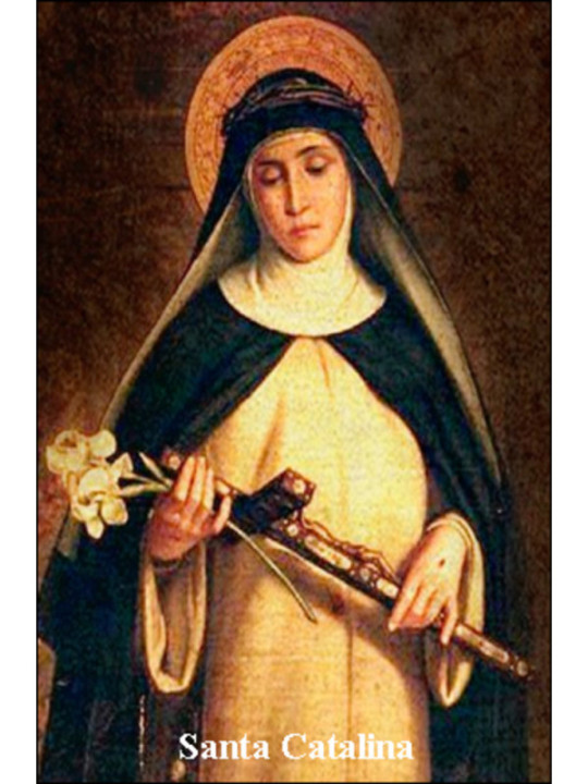 Plastifizierter Abdruck der Heiligen Katharina von Siena, 5x7,5cm.