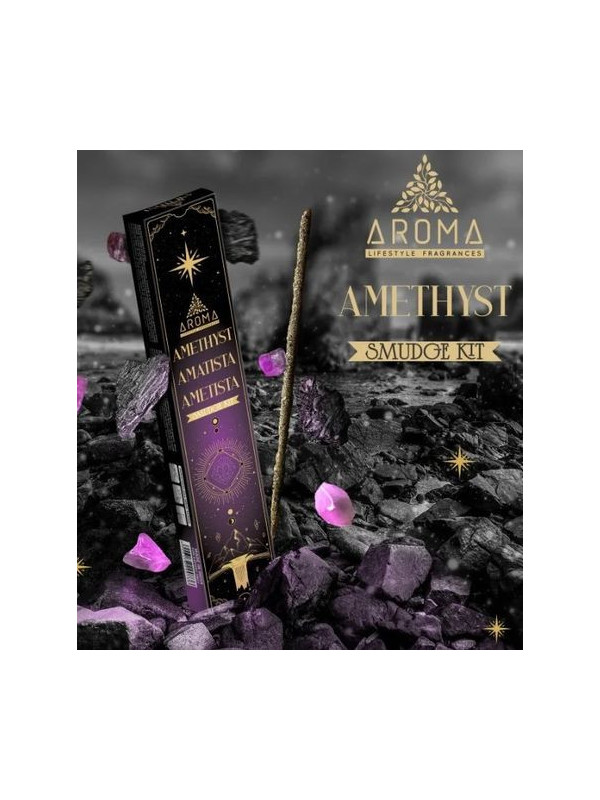 Aroma-Räucherstäbchen mit Mineralien, Amethystkristall.