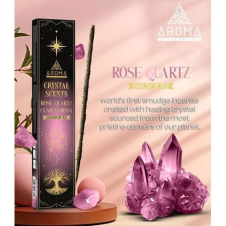 Aroma-Räucherstäbchen mit Mineralien, Rosenquarzkristall.