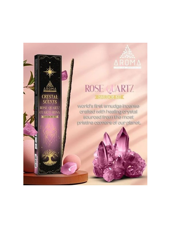 Aroma-Räucherstäbchen mit Mineralien, Rosenquarzkristall.