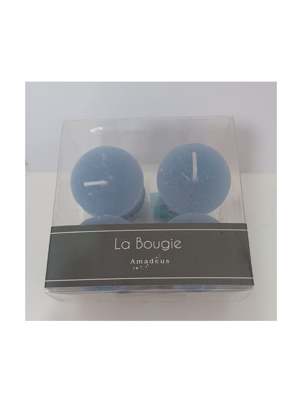 Packung mit 4 blauen Becherkerzen. 4x3cm.