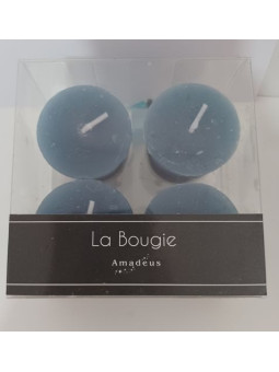 Packung mit 4 blaugrünen Becherkerzen. 4x3cm.