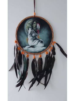 Handbemalter indianischer Traumfänger mit Wolf, ca. 26x54.