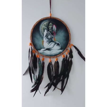 Handbemalter indianischer Traumfänger mit Wolf, ca. 26x54.