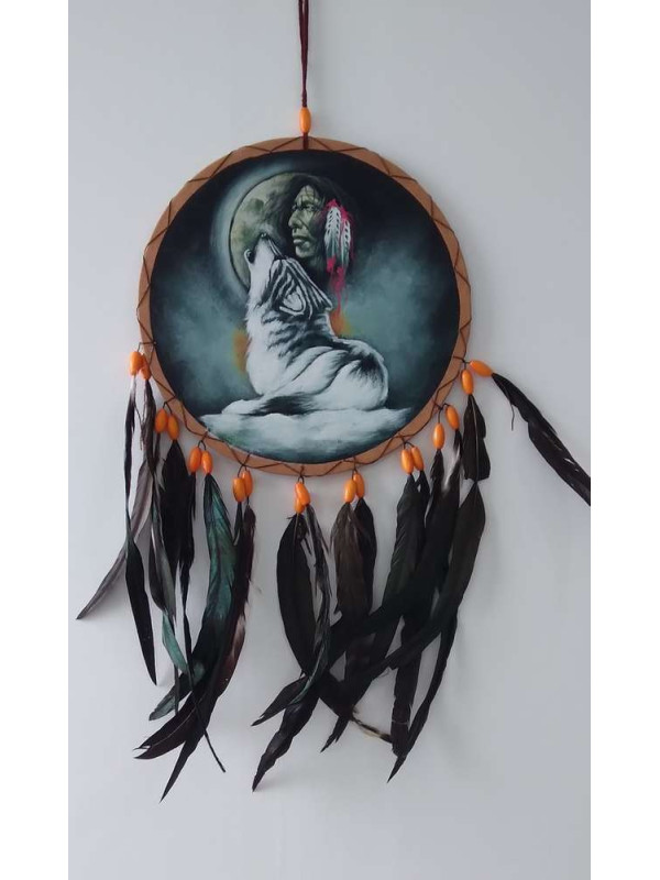 Handbemalter indianischer Traumfänger mit Wolf, ca. 26x54.
