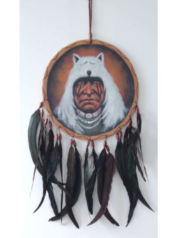 Handbemalter indianischer Traumfänger mit weißem Wolfskopf. 26x54 ca.