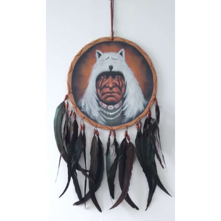 Handbemalter indianischer Traumfänger mit weißem Wolfskopf. 26x54 ca.