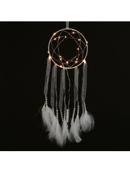 Weißer Traumfänger mit Stoffstreifen und Led-Licht. Durchmesser 15 cm