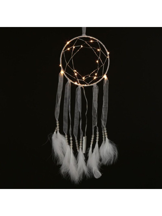 Weißer Traumfänger mit Stoffstreifen und Led-Licht. Durchmesser 15 cm
