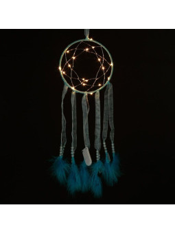 Blauer Traumfänger mit Stoffstreifen und Led-Licht. Durchmesser 15 cm