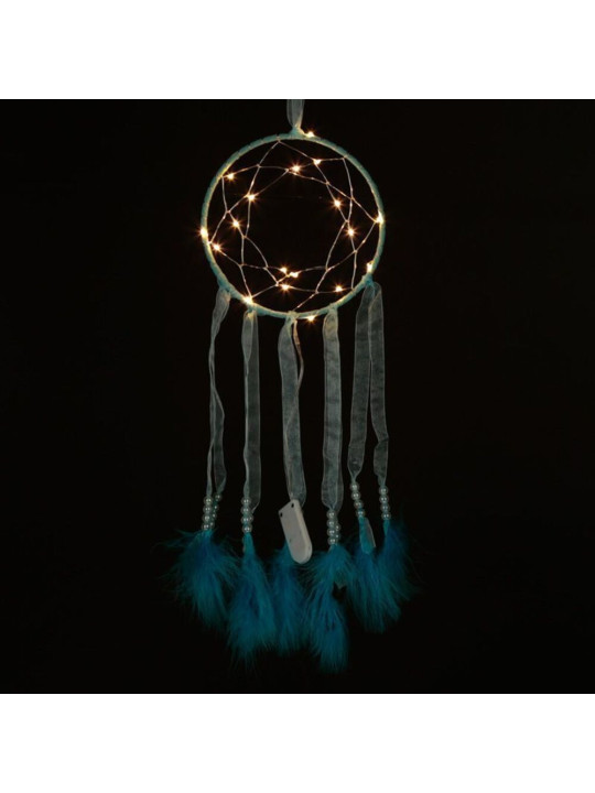 Blauer Traumfänger mit Stoffstreifen und Led-Licht. Durchmesser 15 cm