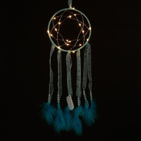 Blauer Traumfänger mit Stoffstreifen und Led-Licht. Durchmesser 15 cm
