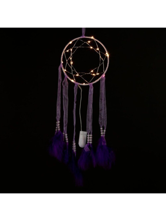 Lila Traumfänger mit Stoffstreifen mit Led-Licht. Durchmesser 15 cm