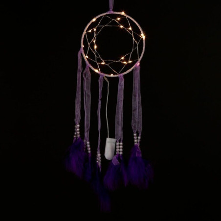Lila Traumfänger mit Stoffstreifen mit Led-Licht. Durchmesser 15 cm