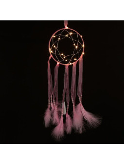 Rosa Traumfänger mit Stoffstreifen mit Led-Licht. Durchmesser 15 cm