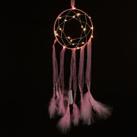 Rosa Traumfänger mit Stoffstreifen mit Led-Licht. Durchmesser 15 cm