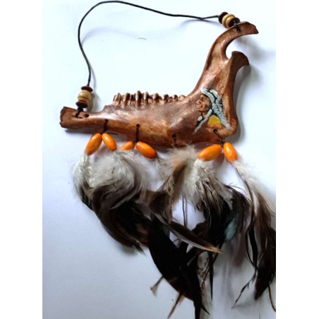 Indianer Kiefer, Anhänger mit Federn Orange Haken 18x23cm