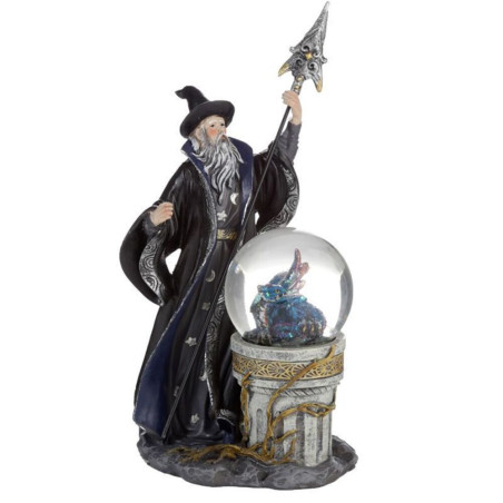Eisdrachenfigur in Kristallkugel mit Zauberergeist, 23,5 cm hoch x 12,5 cm breit