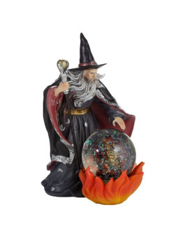 Feuerdrachenfigur in Kristallkugel mit Geisterbeschwörer, 20 cm hoch x 12 cm breit