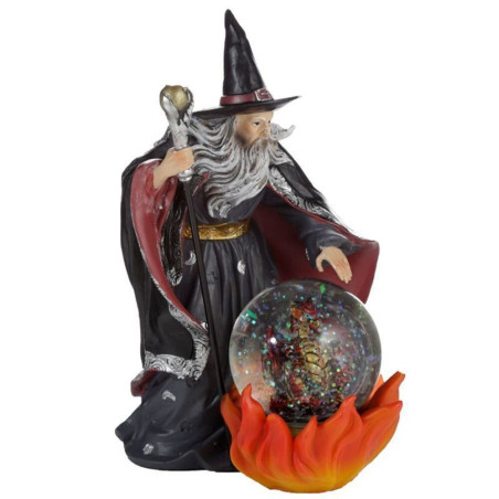 Feuerdrachenfigur in Kristallkugel mit Geisterbeschwörer, 20 cm hoch x 12 cm breit