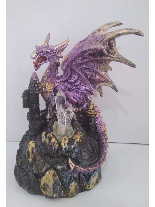 Fliederfarbener und goldener Drache auf Schloss mit Led-Licht, Höhe 19cm, Breite 14cm