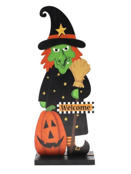 Bemalte Holzhexe mit Ständer. 25cm hoch 0,5 cm breit.