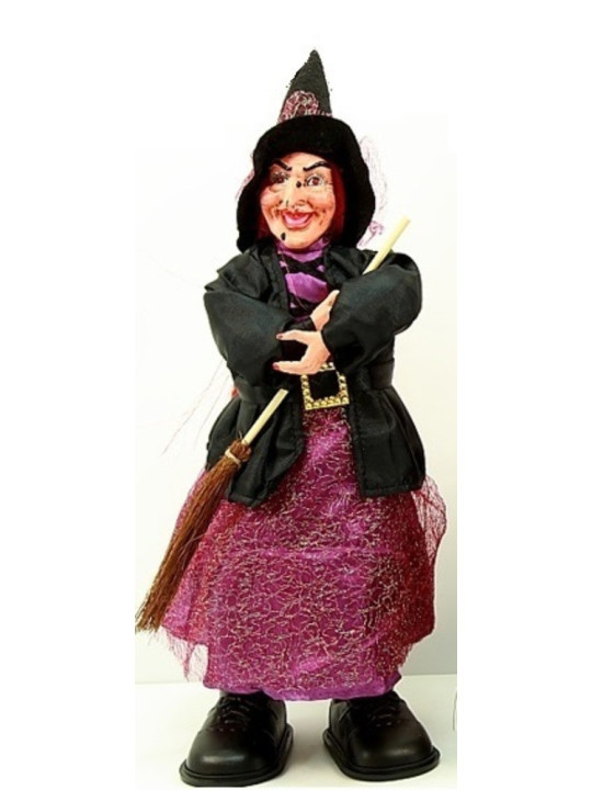 Schwarz-violette Wanderhexe mit Licht und Ton 30cm
