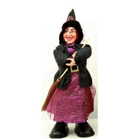 Schwarz-violette Wanderhexe mit Licht und Ton 30cm
