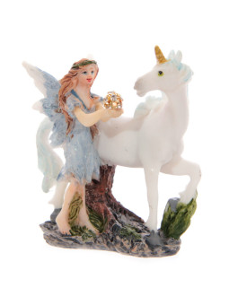 Blaue Blumenfee mit Einhorn. 7 cm hoch x 6 cm breit