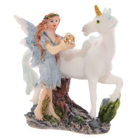 Blaue Blumenfee mit Einhorn. 7 cm hoch x 6 cm breit