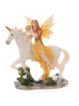 Gelbe Blumenfee mit Einhorn. 7 cm hoch x 6 cm breit