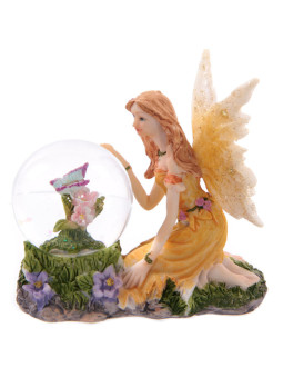 Gelbe Blumenfee mit Kristallkugel. 8 cm hoch x 9 cm breit