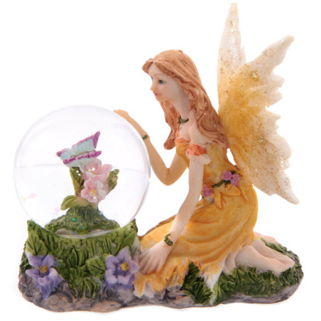 Gelbe Blumenfee mit Kristallkugel. 8 cm hoch x 9 cm breit