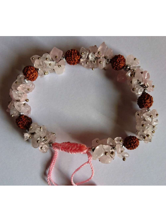 Rosenquarz Mineralien-Chip Armband mit Rudraksh