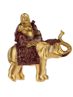 Glücksbuddha-Figur auf Elefant sitzend, rotes Gewand. 8 cm hoch x 8 cm breit