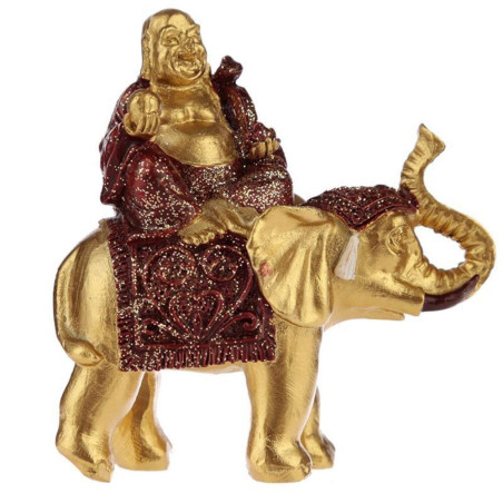 Glücksbuddha-Figur auf Elefant sitzend, rotes Gewand. 8 cm hoch x 8 cm breit