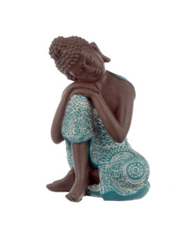 Braune und türkisfarbene thailändische Buddha-Figur, der Kopf ruht auf seiner rechten Seite. 18,5cm hoch