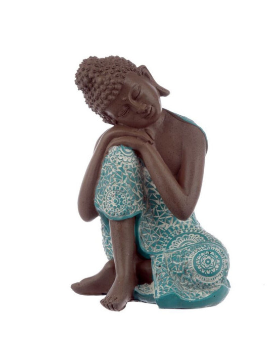 Braune und türkisfarbene thailändische Buddha-Figur, der Kopf ruht auf seiner rechten Seite. 18,5cm hoch