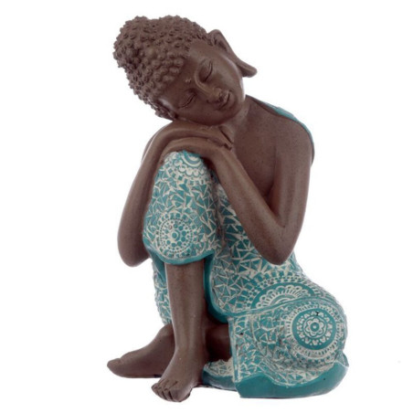 Braune und türkisfarbene thailändische Buddha-Figur, der Kopf ruht auf seiner rechten Seite. 18,5cm hoch