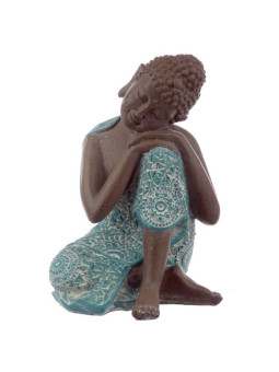 Braune und türkisfarbene thailändische Buddha-Figur, der Kopf ruht auf seiner Linken. 18,5cm hoch