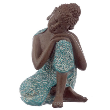 Braune und türkisfarbene thailändische Buddha-Figur, der Kopf ruht auf seiner Linken. 18,5cm hoch