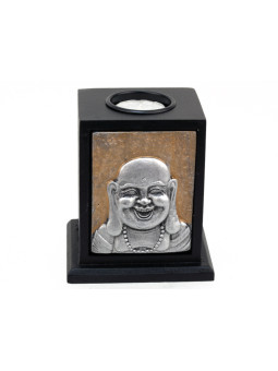 Buddha aus Harz und Kerzenständer aus Holz, ca. 9,5 x 11,5.