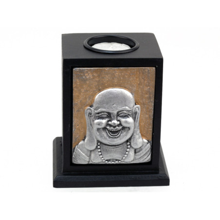 Buddha aus Harz und Kerzenständer aus Holz, ca. 9,5 x 11,5.