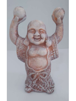 Glücklich Buddha aus Keramik 13 x 8 cm, steinfarbenes Gewand